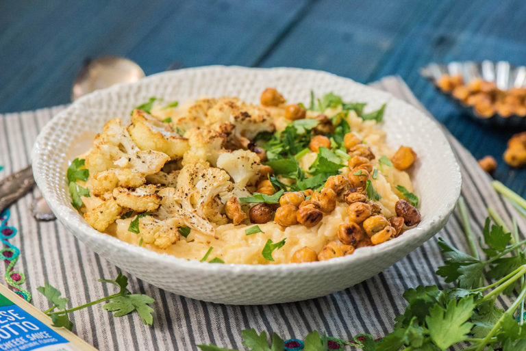 Roasted Cauliflower Four Cheese Risotto with Crispy Chickpeas Nibbles