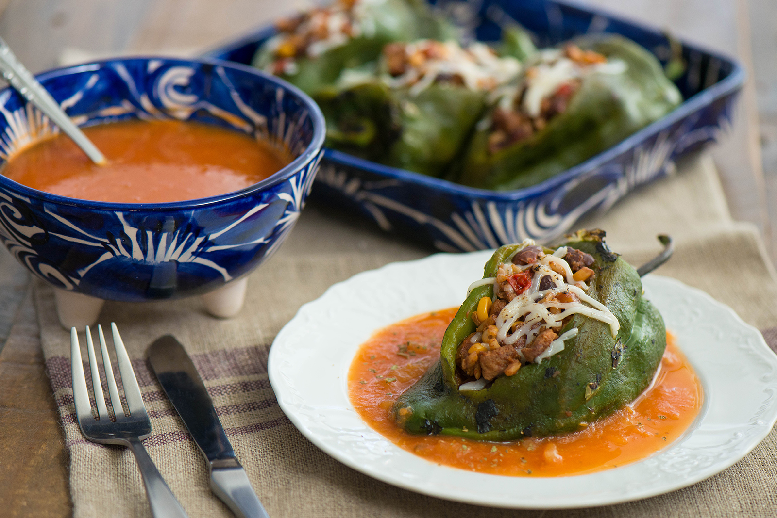 Vegan Southwestern Chile Relleno with Garlic Tomato Salsa Nibbles and