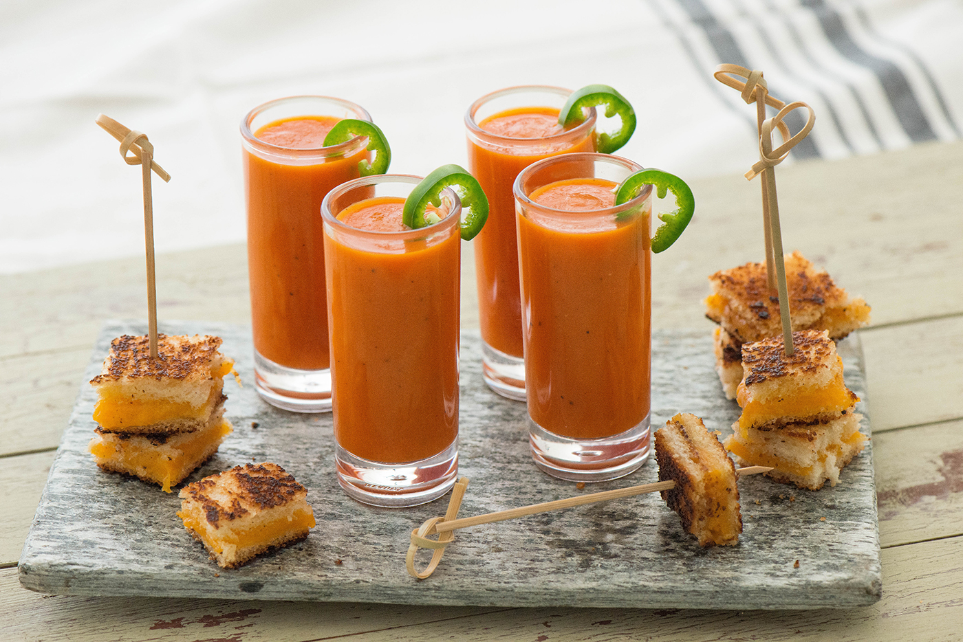 Spicy Tomato Soup with Grilled Cheese Croutons