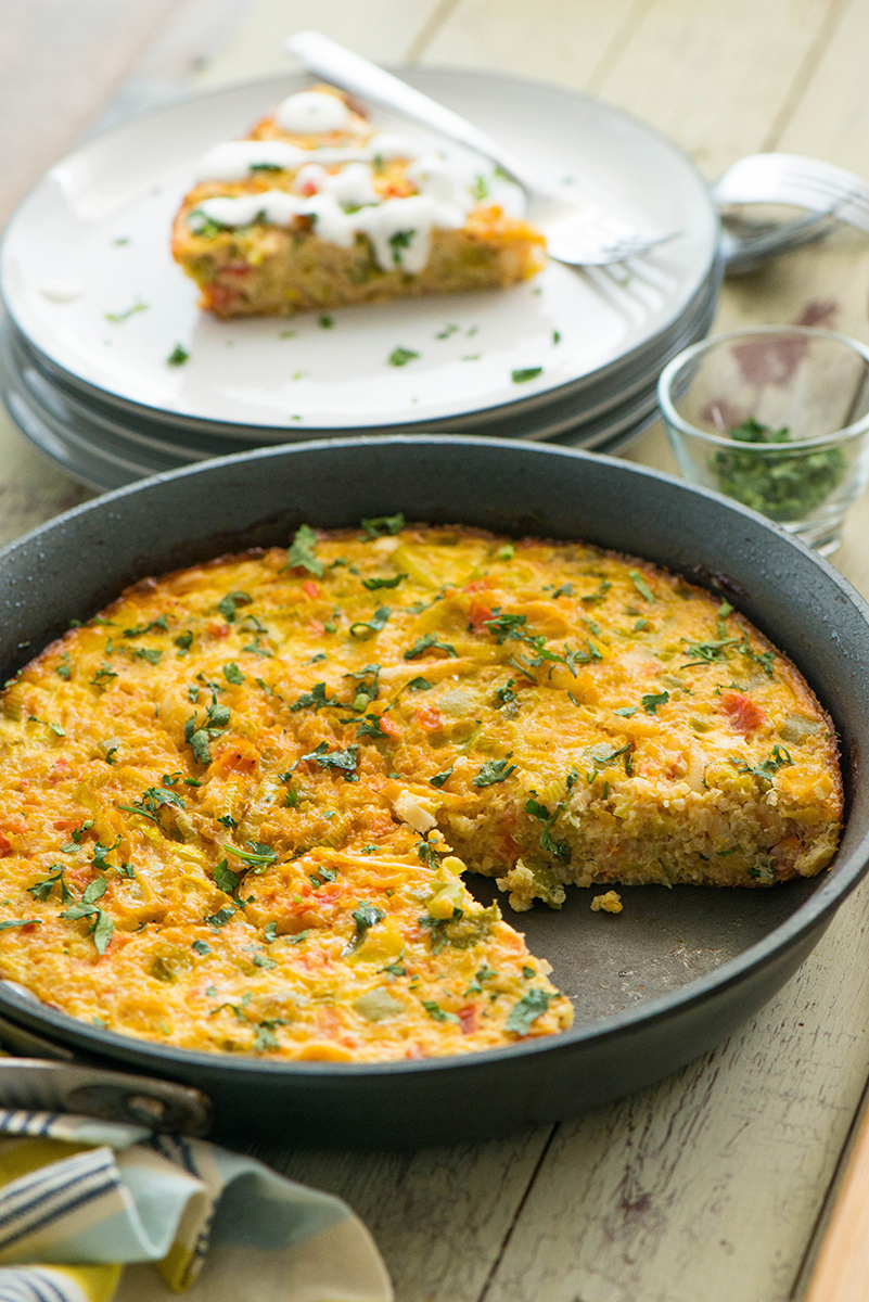 Baked Quinoa and Cotija Frittata with Tomatoes, Leeks and Bell Pepper