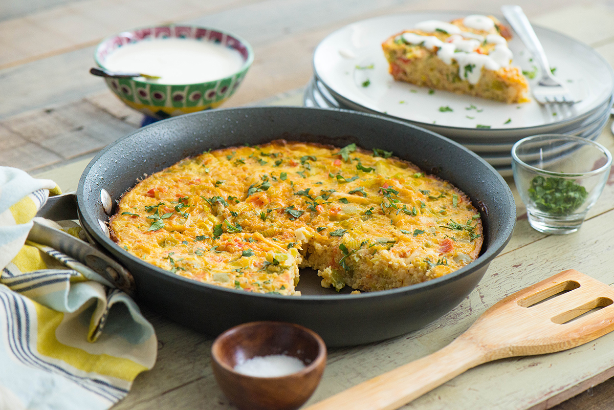 Baked Quinoa and Cotija Frittata with Tomatoes, Leeks and Bell Pepper